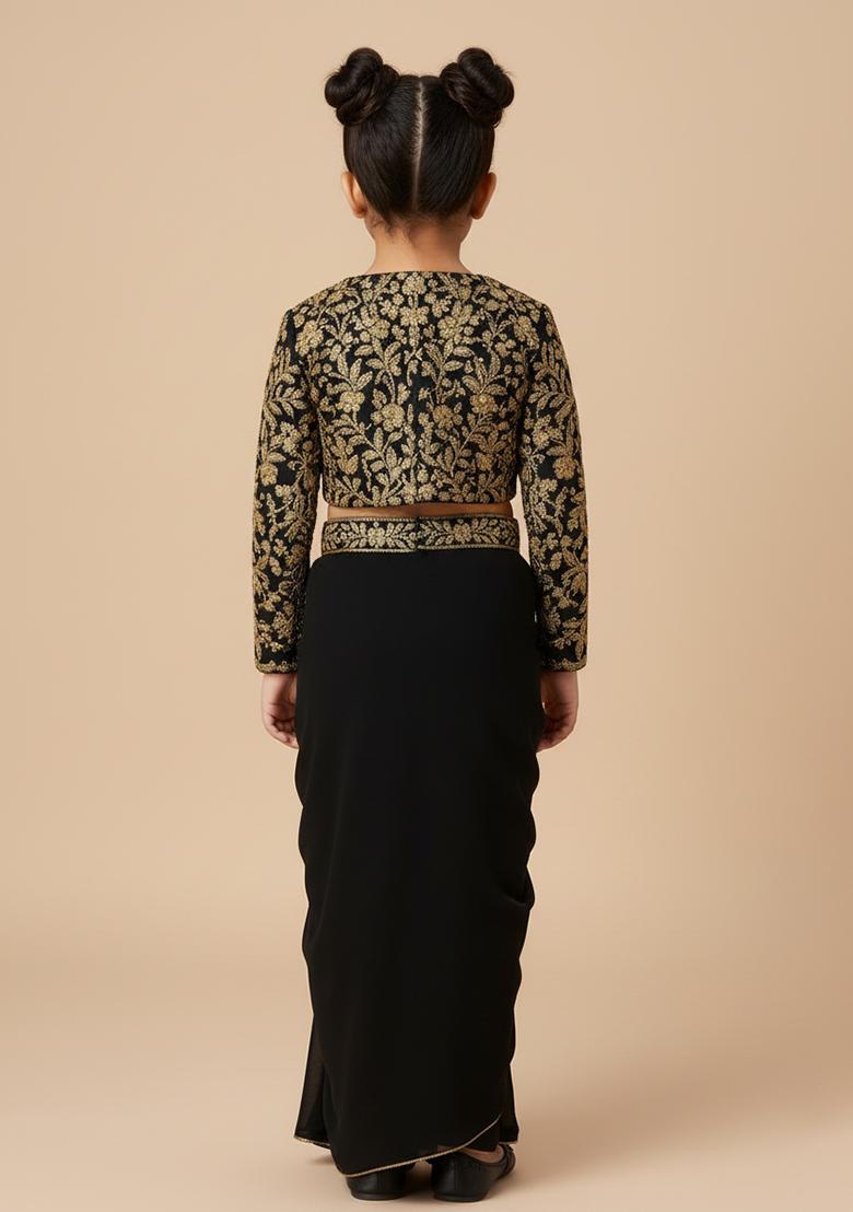 Girls Black Embroidered Crepe Fusion Set - Indya