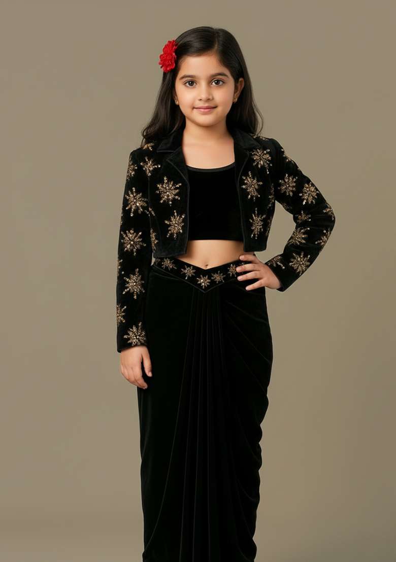 Girls Black Sequin Crepe Fusion Set - Indya