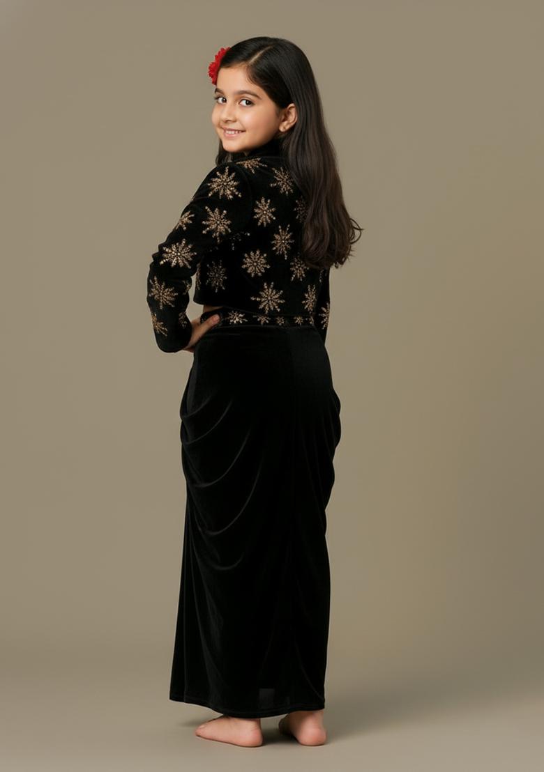 Girls Black Sequin Crepe Fusion Set - Indya