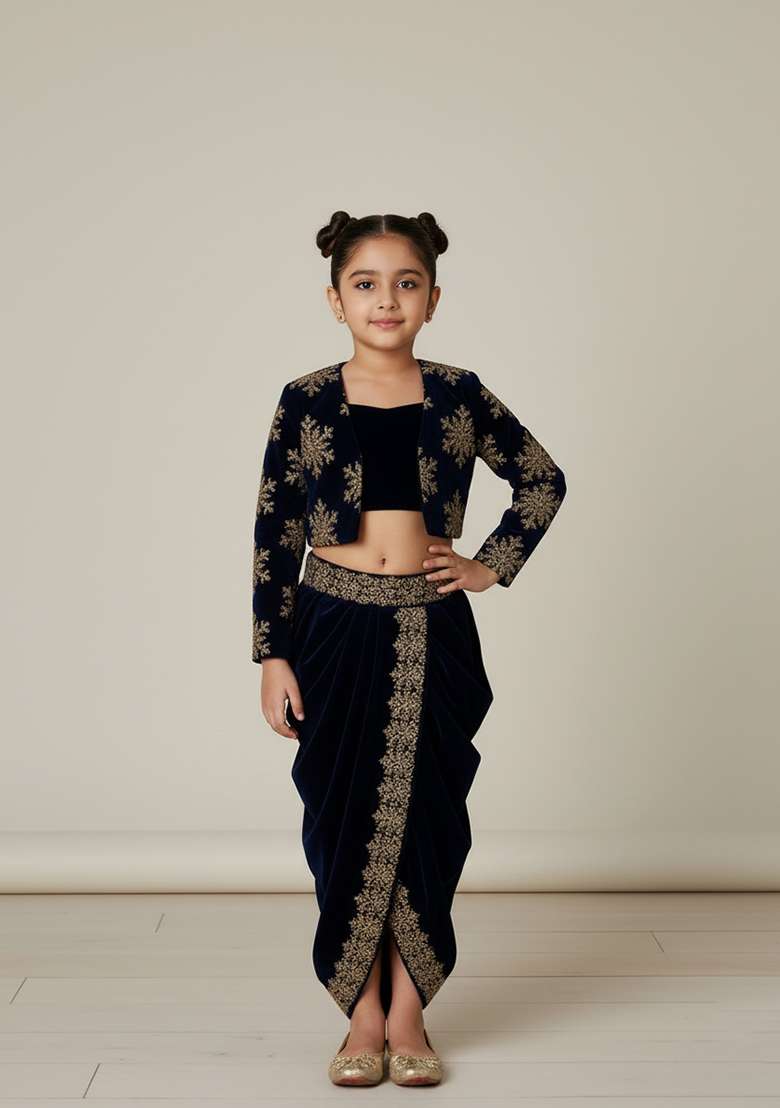 Girls Navy Blue Sequin Crepe Fusion Set - Indya