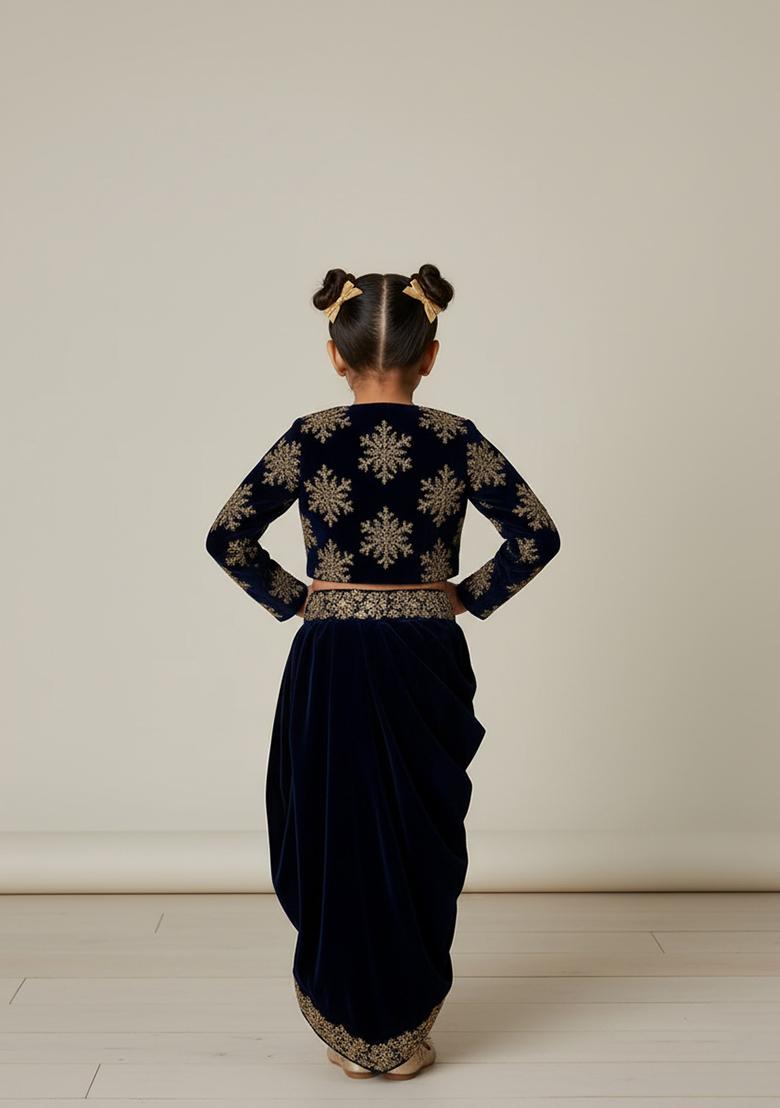 Girls Navy Blue Sequin Crepe Fusion Set - Indya