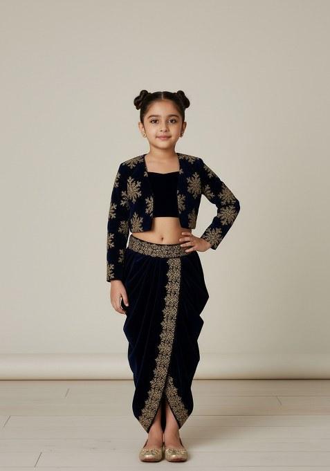 Girls Navy Blue Sequin Crepe Fusion Set