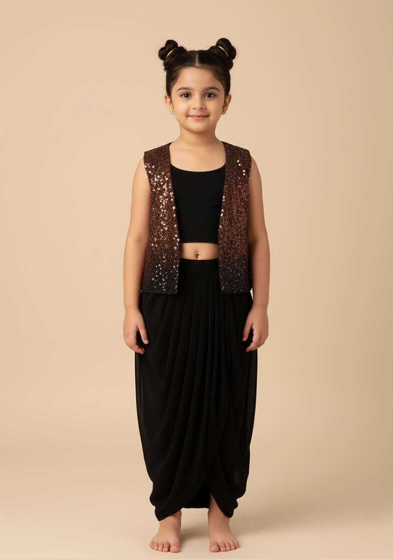 Girls Black And Brown Sequin Chinon Fusion Set - Indya