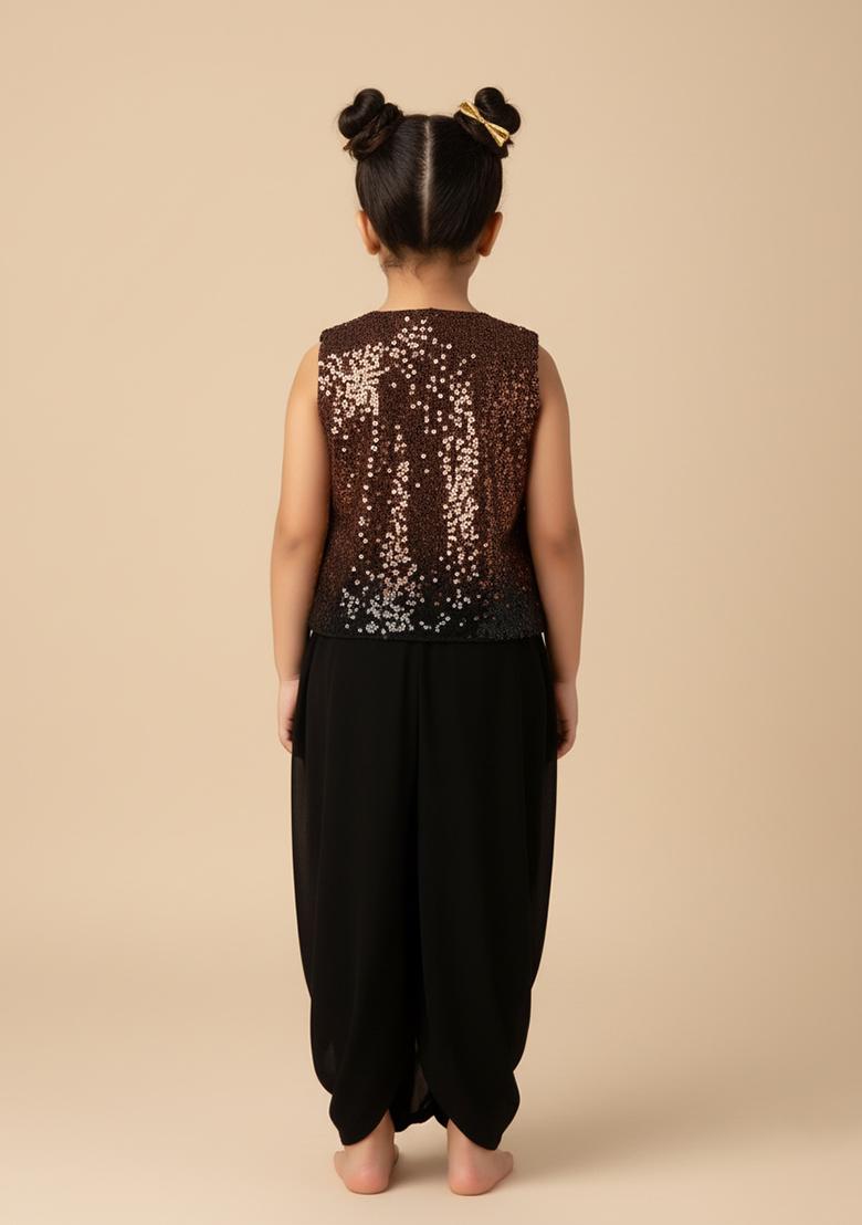 Girls Black And Brown Sequin Chinon Fusion Set - Indya