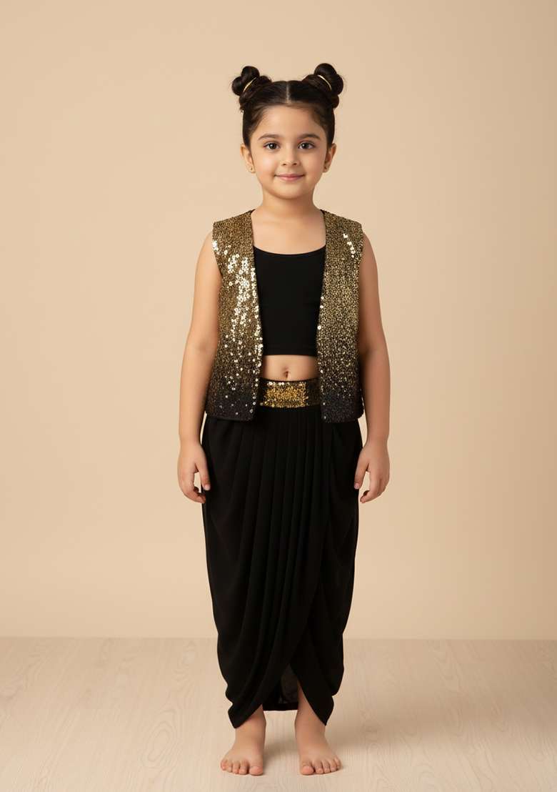 Girls Black And Golden Sequin Chinon Fusion Set - Indya