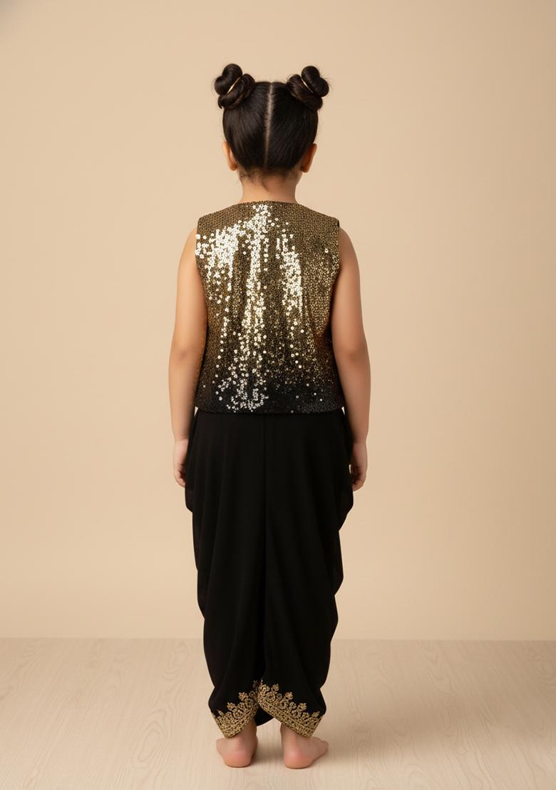 Girls Black And Golden Sequin Chinon Fusion Set - Indya
