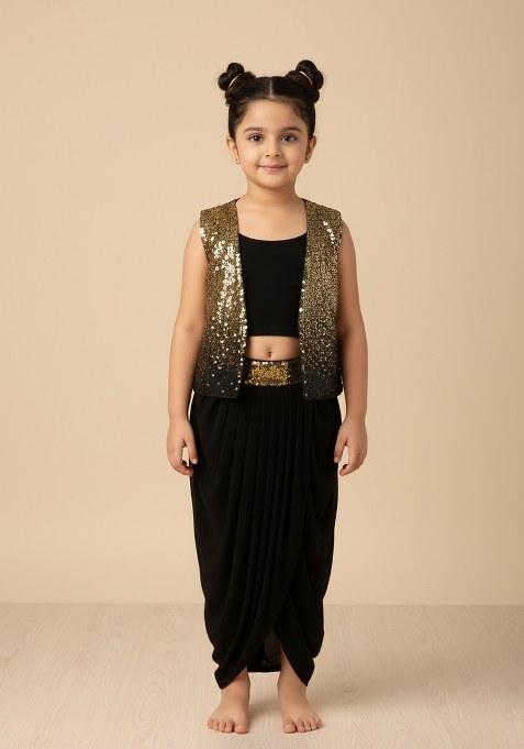 Girls Black And Golden Sequin Chinon Fusion Set