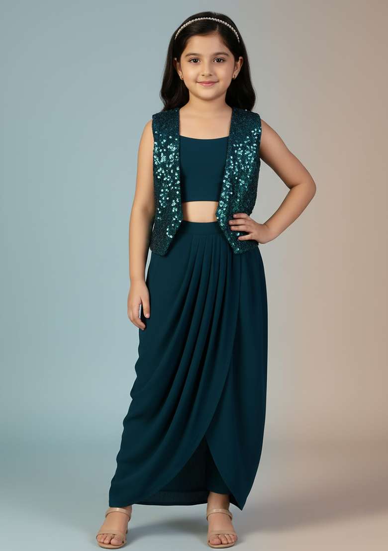 Girls Navy Blue Sequin Chinon Fusion Set - Indya