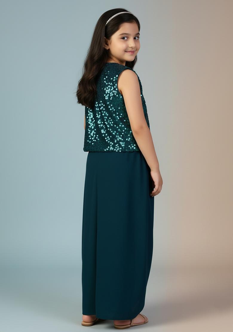 Girls Navy Blue Sequin Chinon Fusion Set - Indya