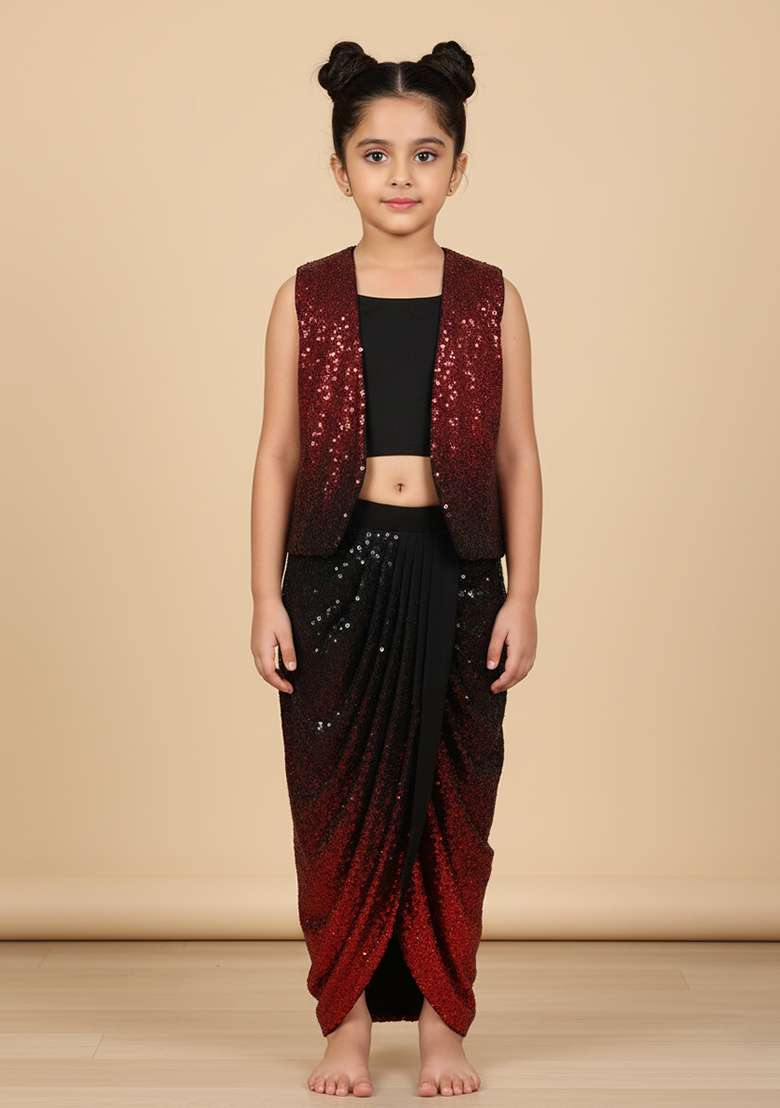 Girls Black And Red Sequin Chinon Fusion Set - Indya