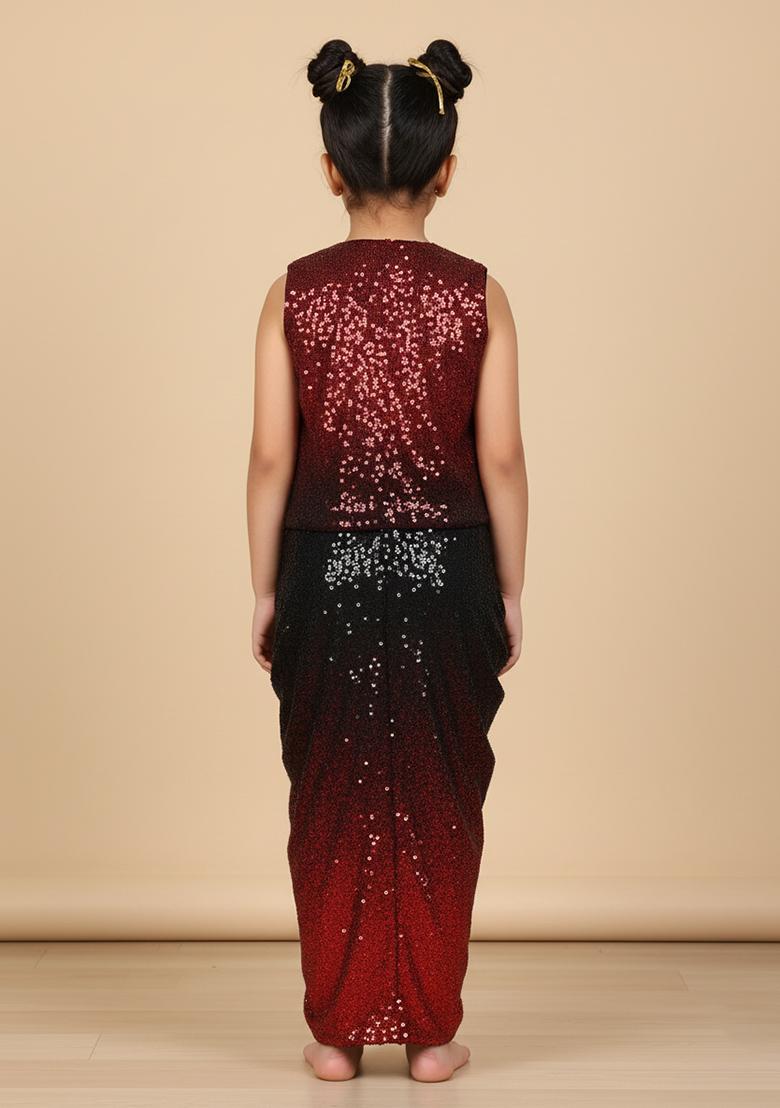 Girls Black And Red Sequin Chinon Fusion Set - Indya