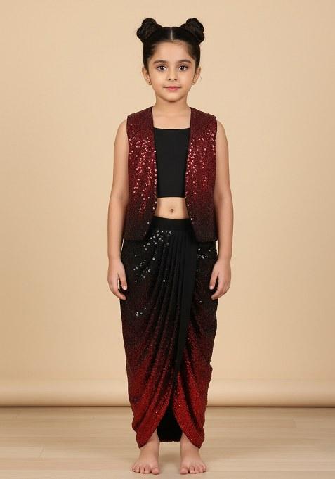 Girls Black And Red Sequin Chinon Fusion Set