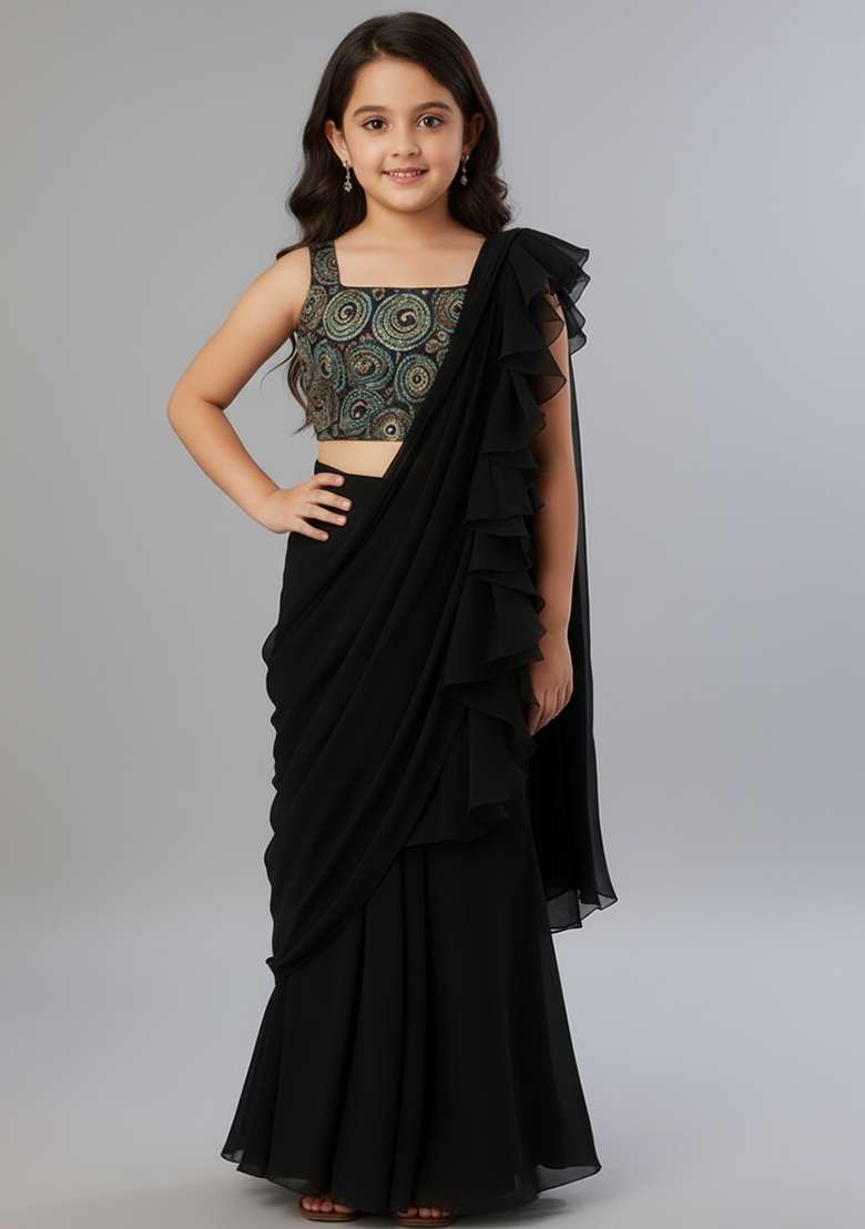 Girls Black Sequin Crepe Fusion Set - Indya