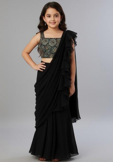 Girls Black Sequin Crepe Fusion Set