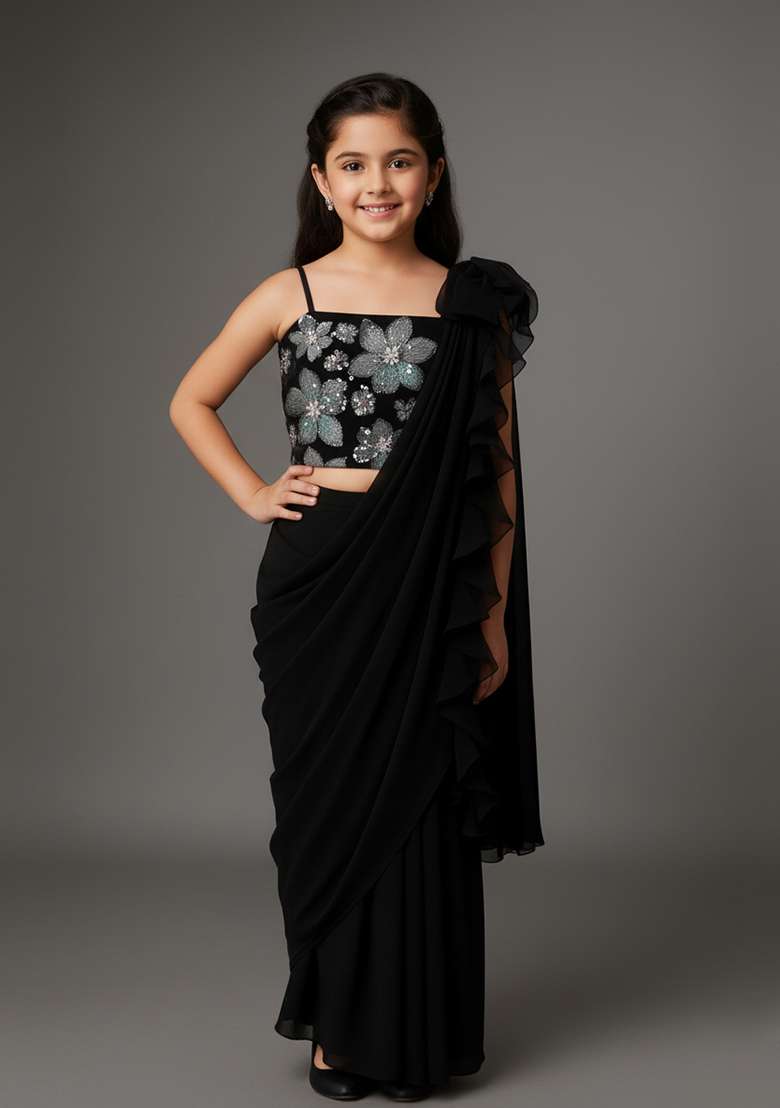 Girls Black Sequin Crepe Fusion Set - Indya
