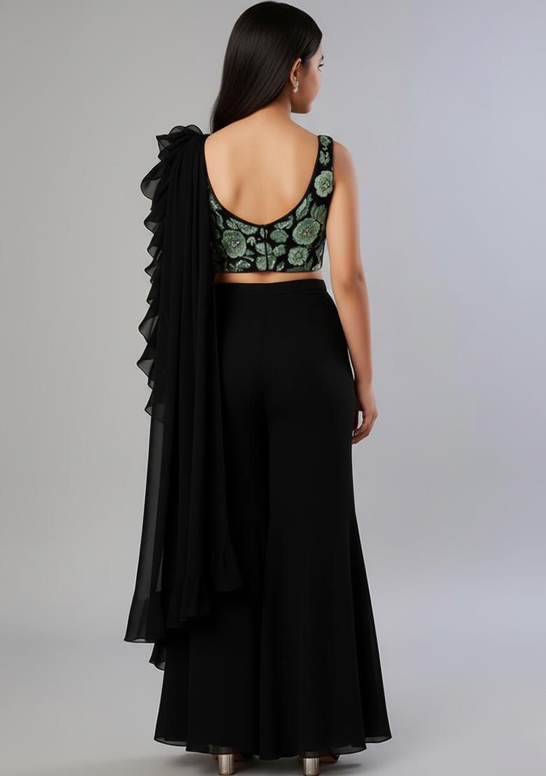 Girls Black Sequin Crepe Fusion Set - Indya