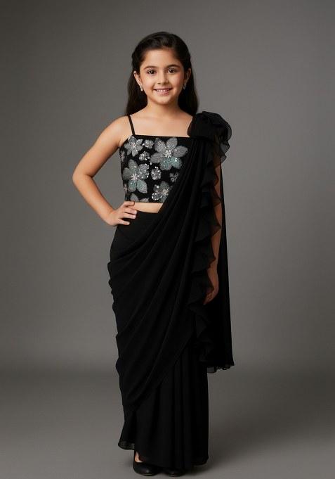 Girls Black Sequin Crepe Fusion Set