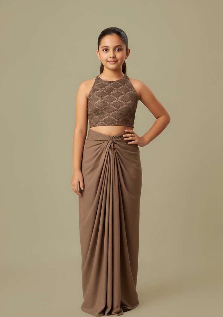 Girls Light Brown Sequin Crepe Fusion Set - Indya