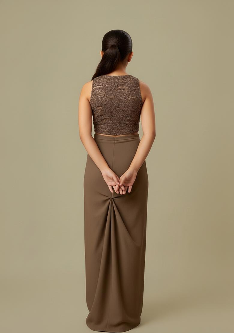 Girls Light Brown Sequin Crepe Fusion Set - Indya