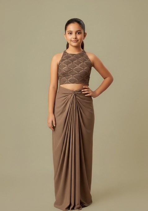 Girls Light Brown Sequin Crepe Fusion Set