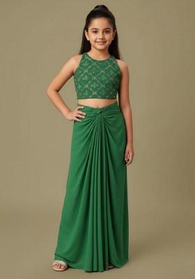 Girls Green Sequin Crepe Fusion Set