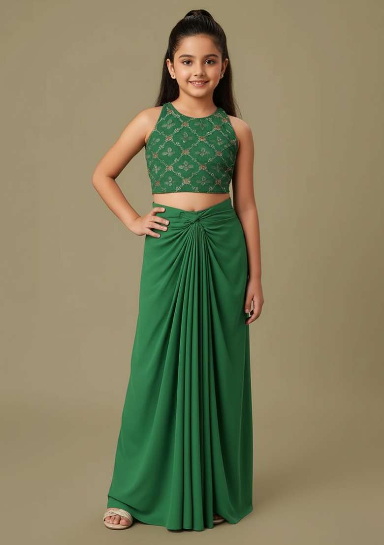 Girls Green Sequin Crepe Fusion Set - Indya