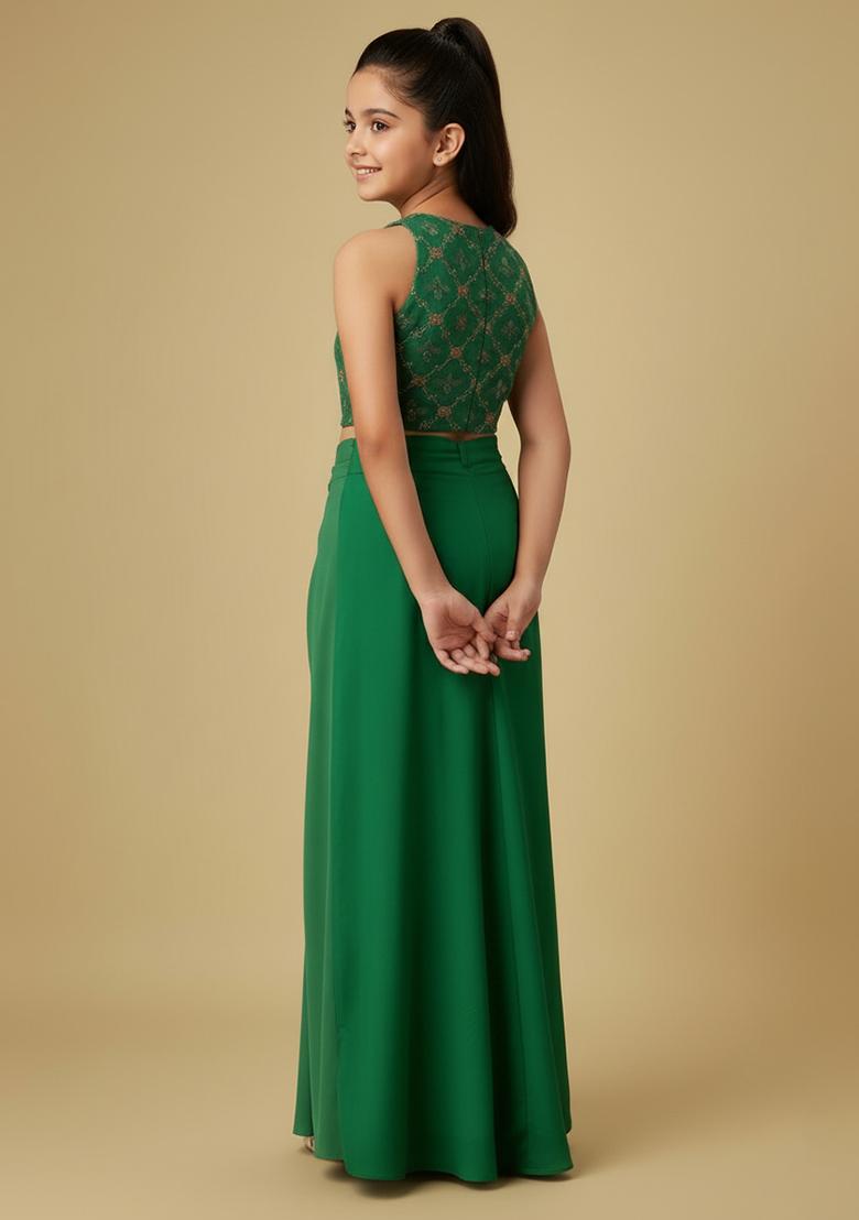 Girls Green Sequin Crepe Fusion Set - Indya