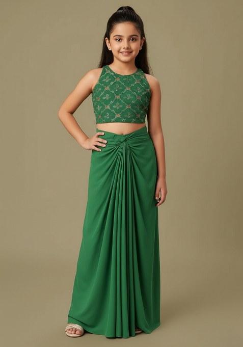 Girls Green Sequin Crepe Fusion Set