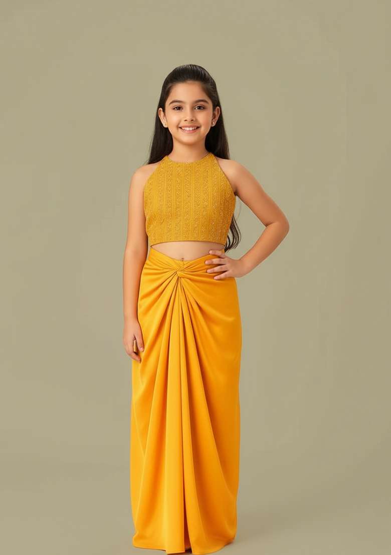 Girls Yellow Embroidered Crepe Fusion Set - Indya