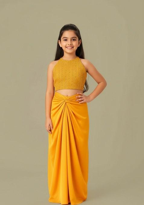 Girls Yellow Embroidered Crepe Fusion Set