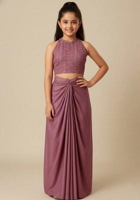 Girls Purple Embroidered Crepe Fusion Set