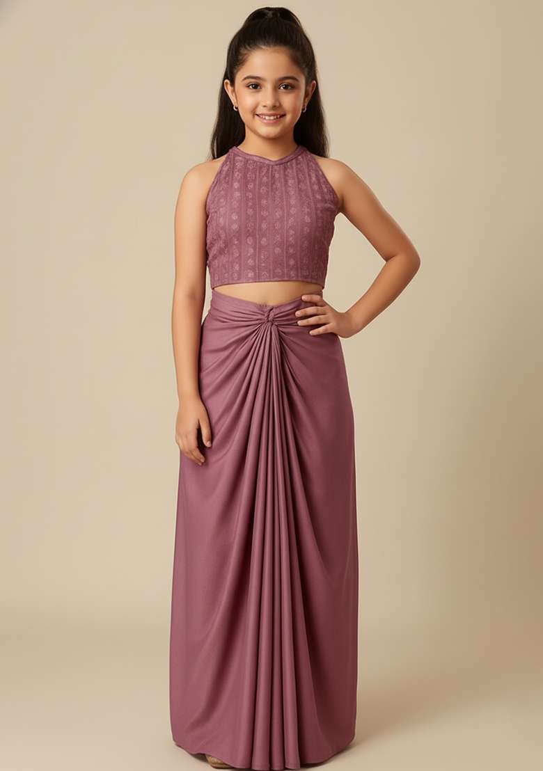 Girls Purple Embroidered Crepe Fusion Set - Indya