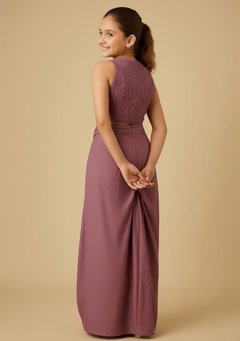 Girls Purple Embroidered Crepe Fusion Set - Indya