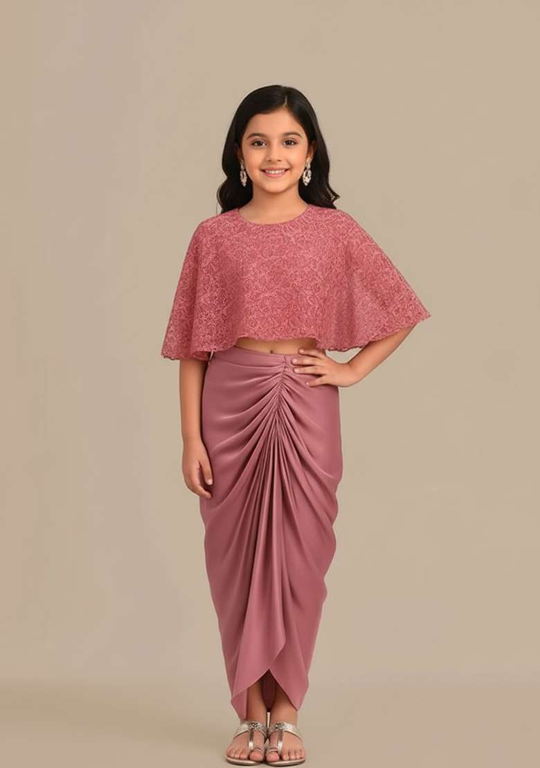 Girls Peach Embroidered Crepe Fusion Set - Indya