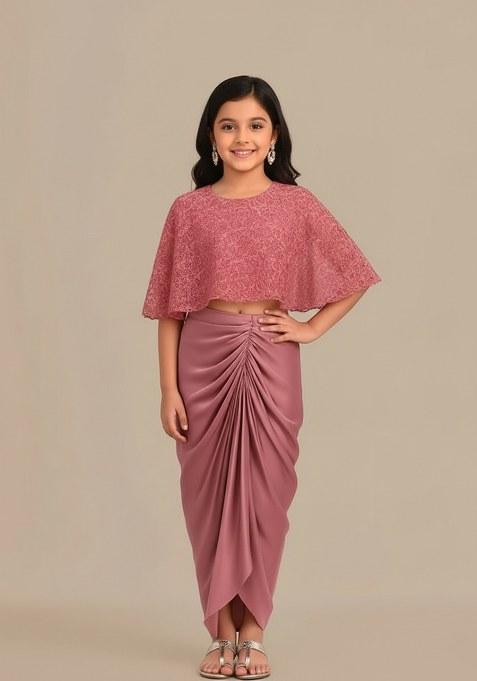 Girls Peach Embroidered Crepe Fusion Set