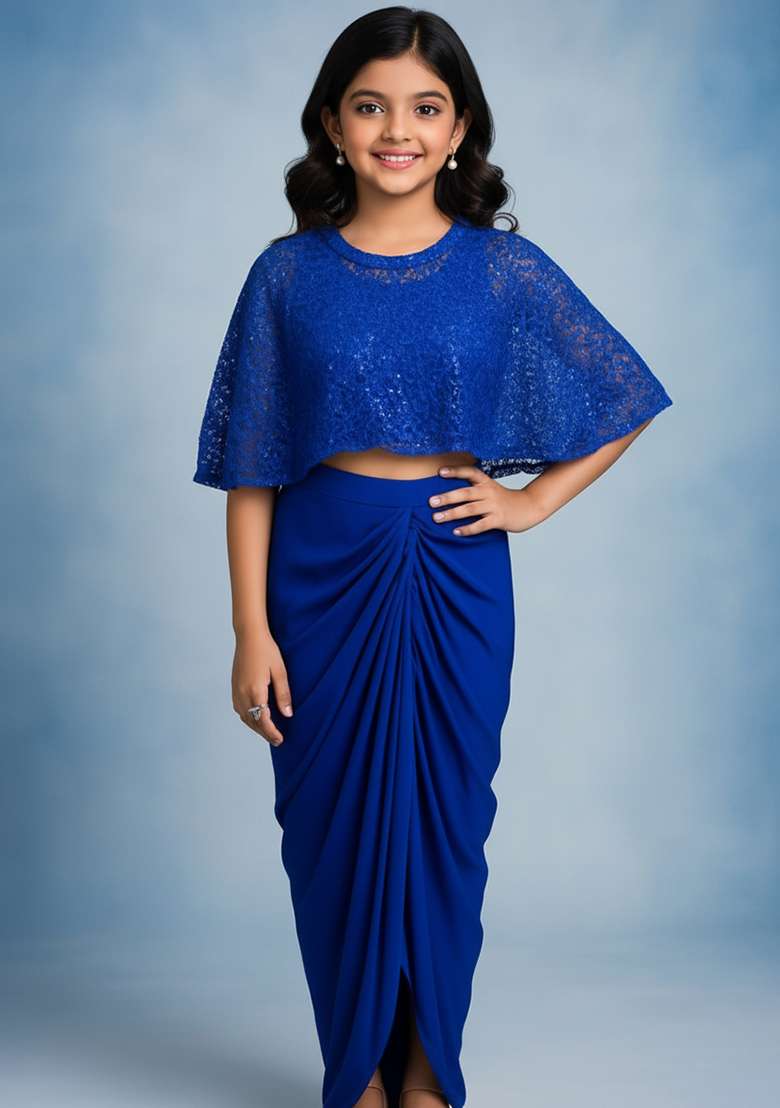 Girls Royal Blue Embroidered Crepe Fusion Set - Indya