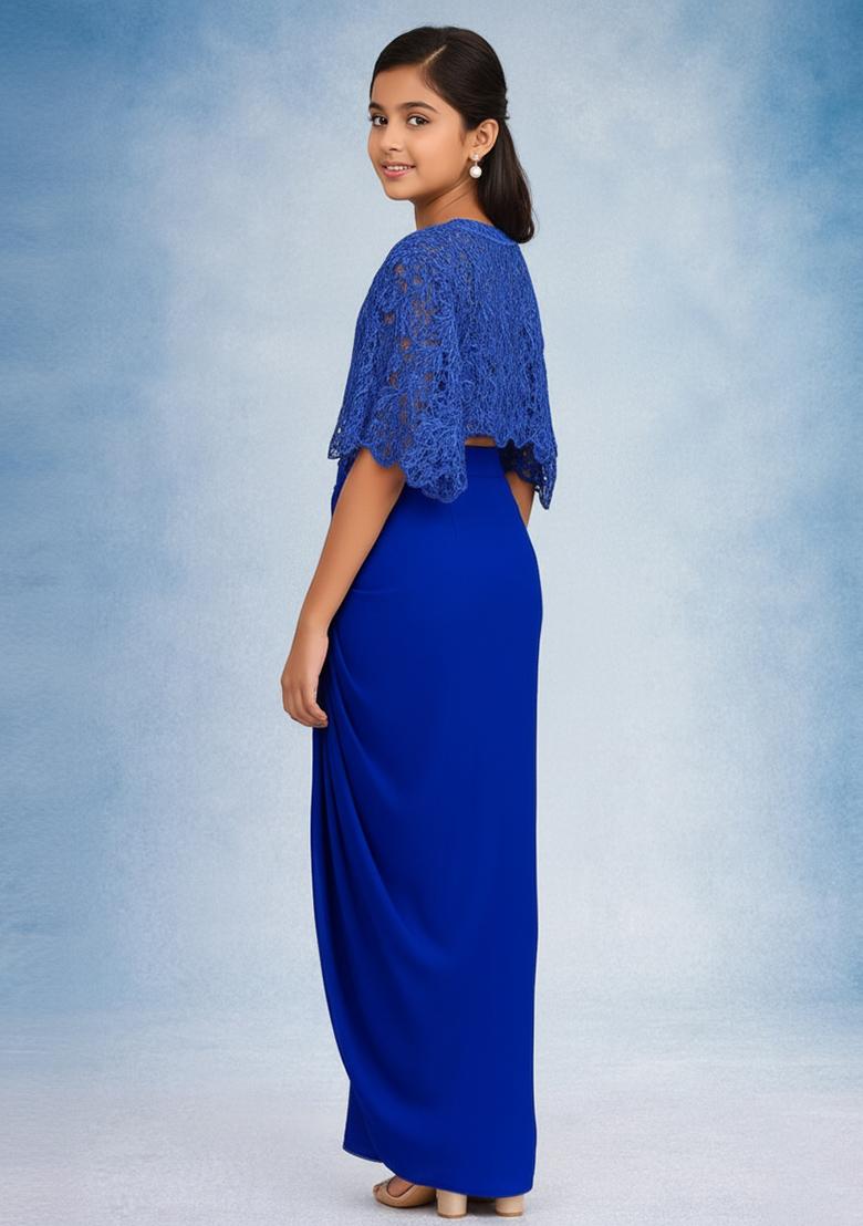 Girls Royal Blue Embroidered Crepe Fusion Set - Indya