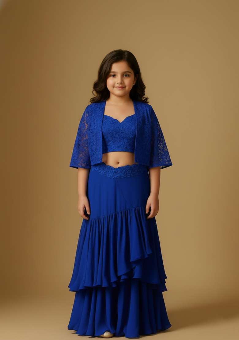 Girls Royal Blue Embroidered Crepe Fusion Set - Indya