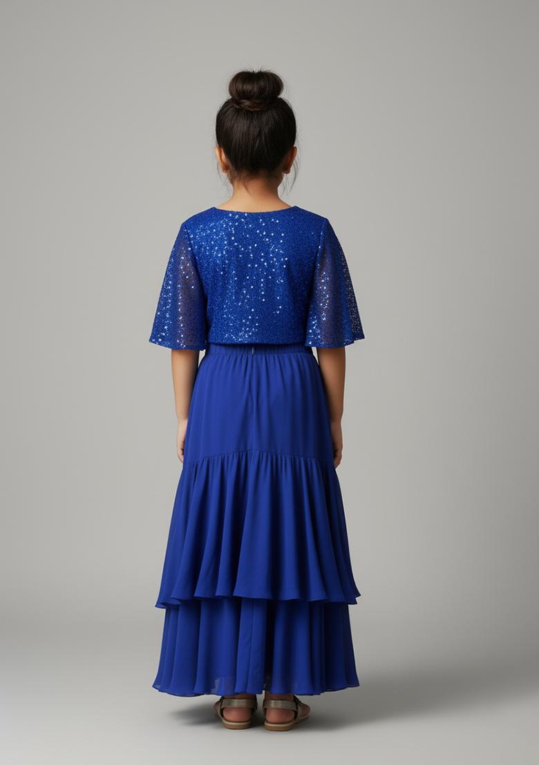 Girls Royal Blue Embroidered Crepe Fusion Set - Indya