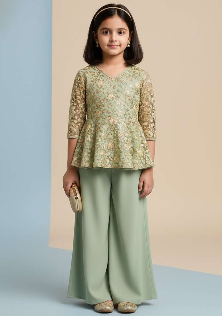 Girls Green Floral Print Organza Fusion Set - Indya