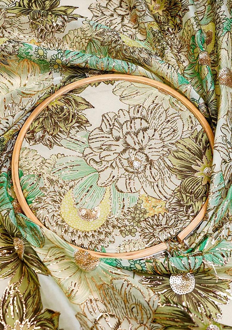 Girls Green Floral Print Organza Fusion Set - Indya