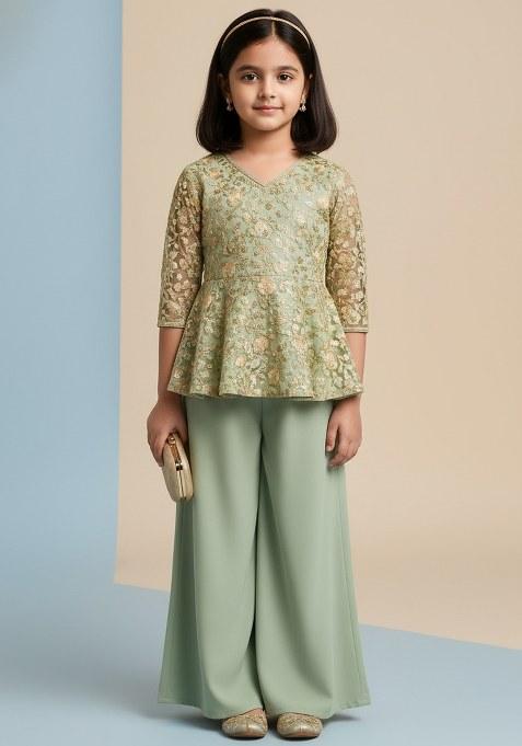 Girls Green Floral Print Organza Fusion Set