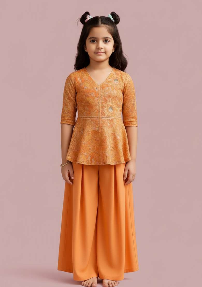 Girls Cream Floral Print Organza Fusion Set - Indya