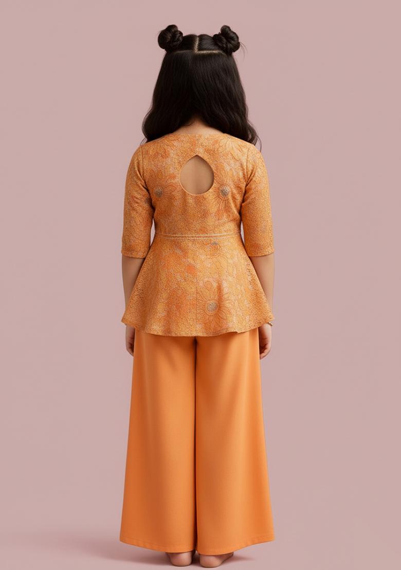 Girls Cream Floral Print Organza Fusion Set - Indya