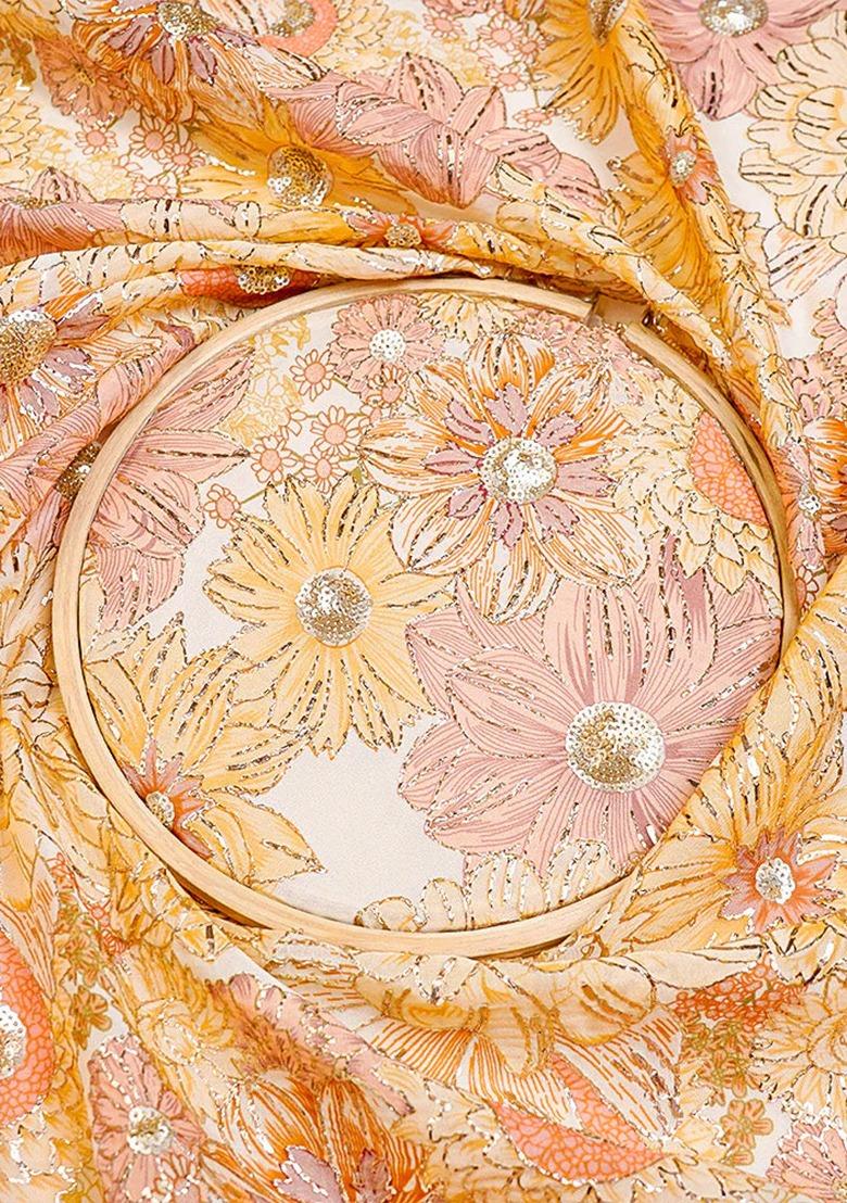 Girls Cream Floral Print Organza Fusion Set - Indya