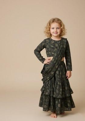 Girls Black Floral Print Chiffon Fusion Set