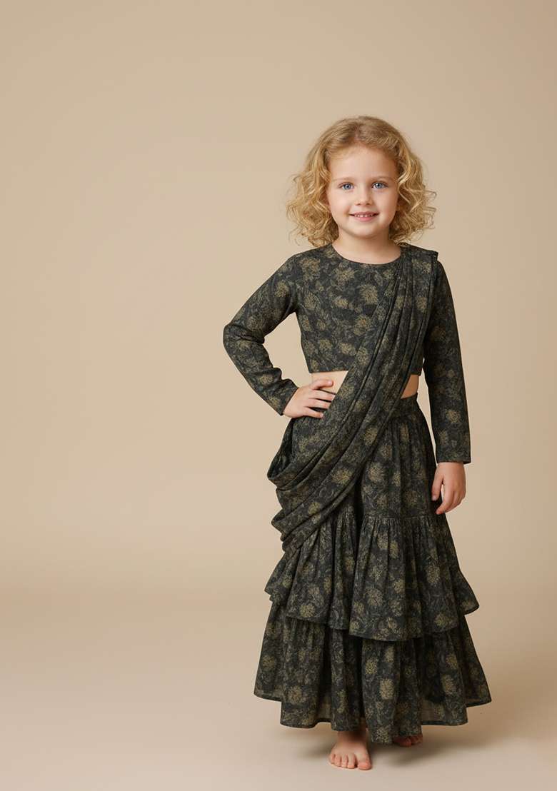 Girls Black Floral Print Chiffon Fusion Set - Indya