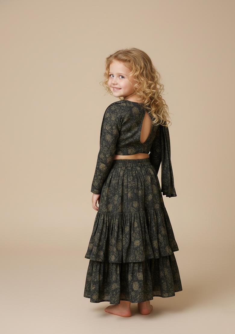 Girls Black Floral Print Chiffon Fusion Set - Indya