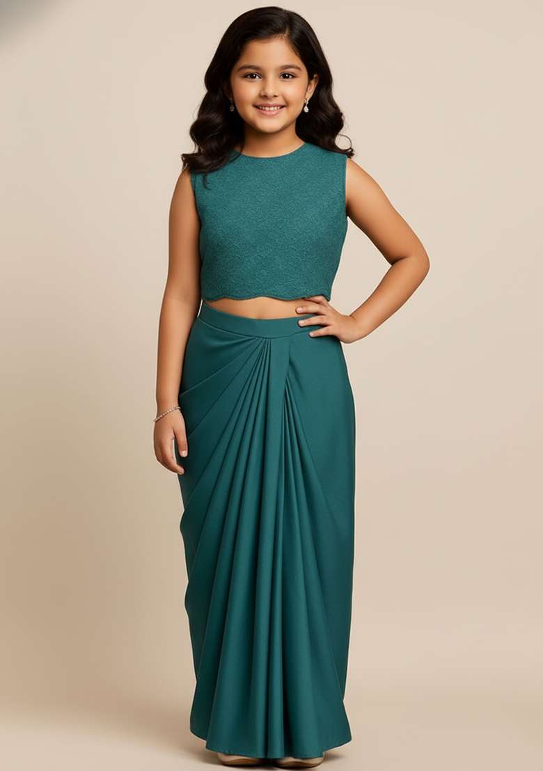 Girls Teal Blue Embroidered Satin Fusion Set - Indya
