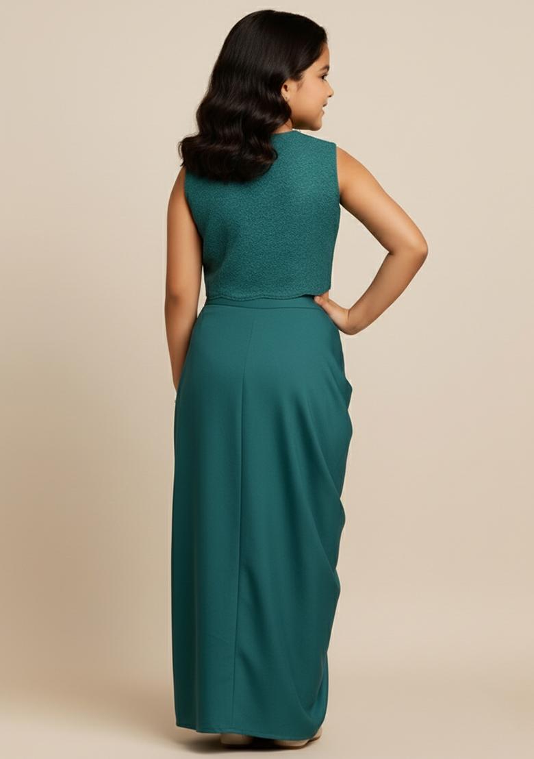 Girls Teal Blue Embroidered Satin Fusion Set - Indya